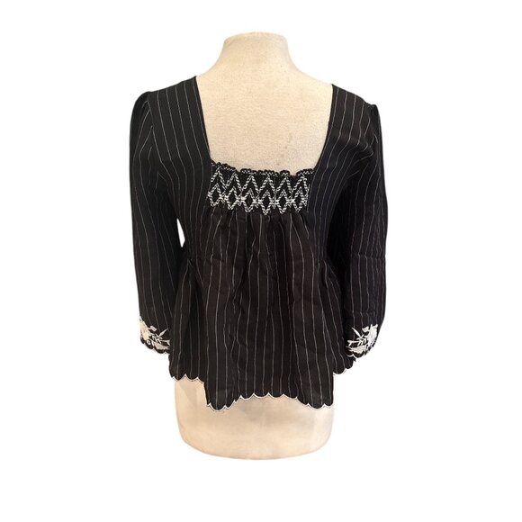 Velzera Womens Black Pinstripe Top W/ White Floral Embroidery & Smocked Details - Picture 4 of 9